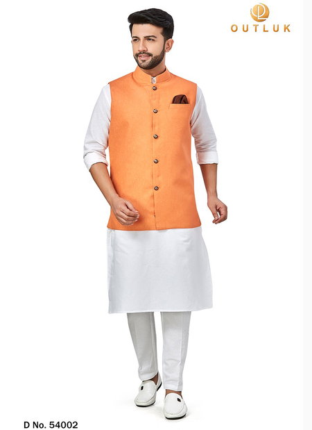 Orange Colour Outluk Vol 54 Festive Wear Linen Blend Digital Print Kurta Pajama With Jacket Mens Collection 54002